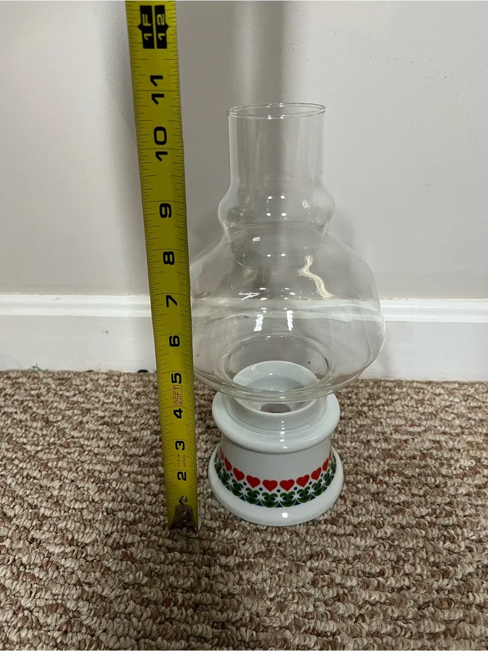 Clear Glass Hurricane Lamp with White Floral Heart Base